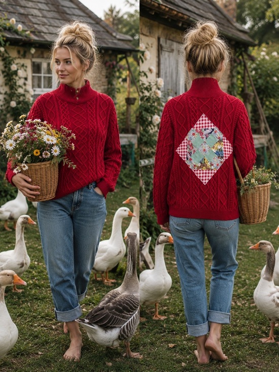 Lauren Ralph Lauren Sweaters - One of a Kind Lauren Ralph Lauren Red Cotton Cable Knit Sweater S Vintage Quilt